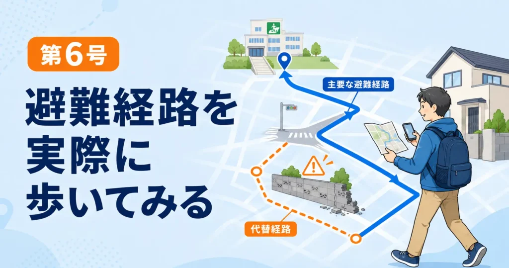 自宅から避難場所まで歩き危険箇所と第二経路を確認する
